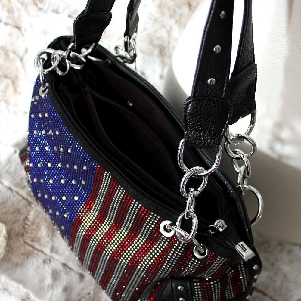 American Flag Red White Blue Rhinestone Bling Black Hobo Patriotic Handbag Bag - Picture 5 of 13